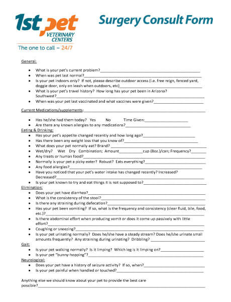 Surgery Consultation Form: 1st Pet Veterinary Centers